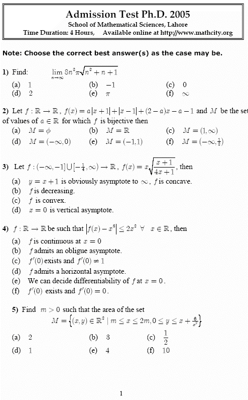 ASSMS Admission Test Ph.D. 2005 (Page 1/3) [MathCity.org]